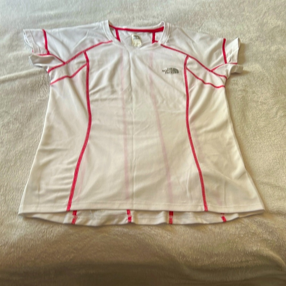 North Face white with pink stitching short sleeve
